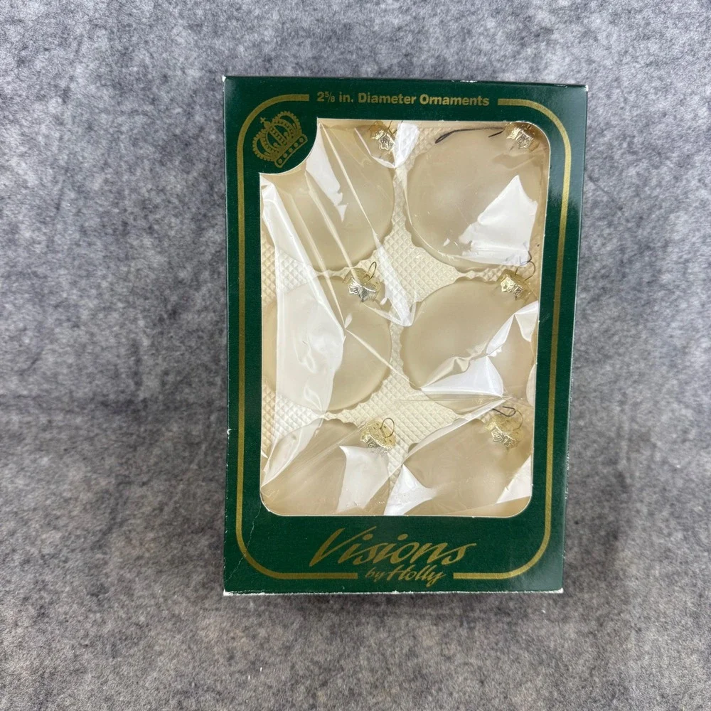 Visions by Holly Frosted Glass Ball Ornaments Set 6 Cream White 2 5/8 Inch VTG